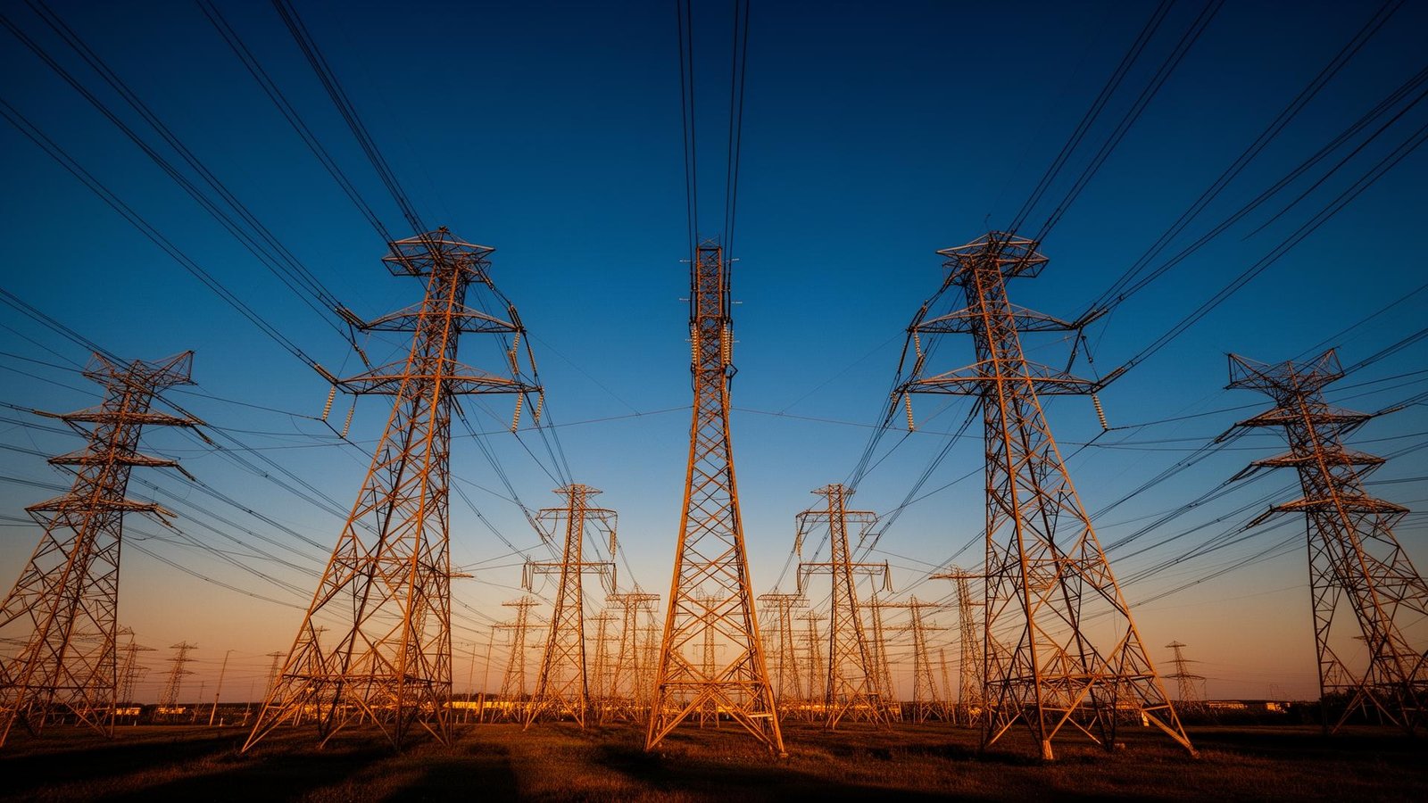Torres de transmissão de energia de alta tensão ao pôr do sol